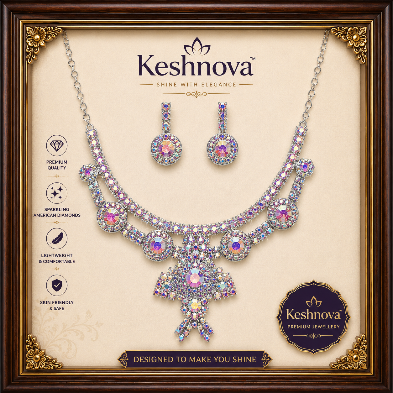 Keshnova Premium Austrian Crystal Necklace Set with Matching Earrings