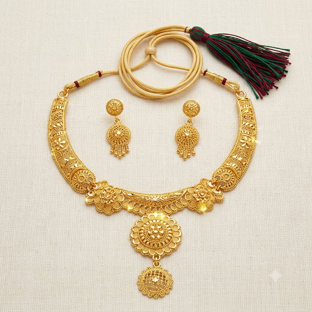 Keshnova Gold Plated Floral Temple Choker Necklace Set with Matching Earrings