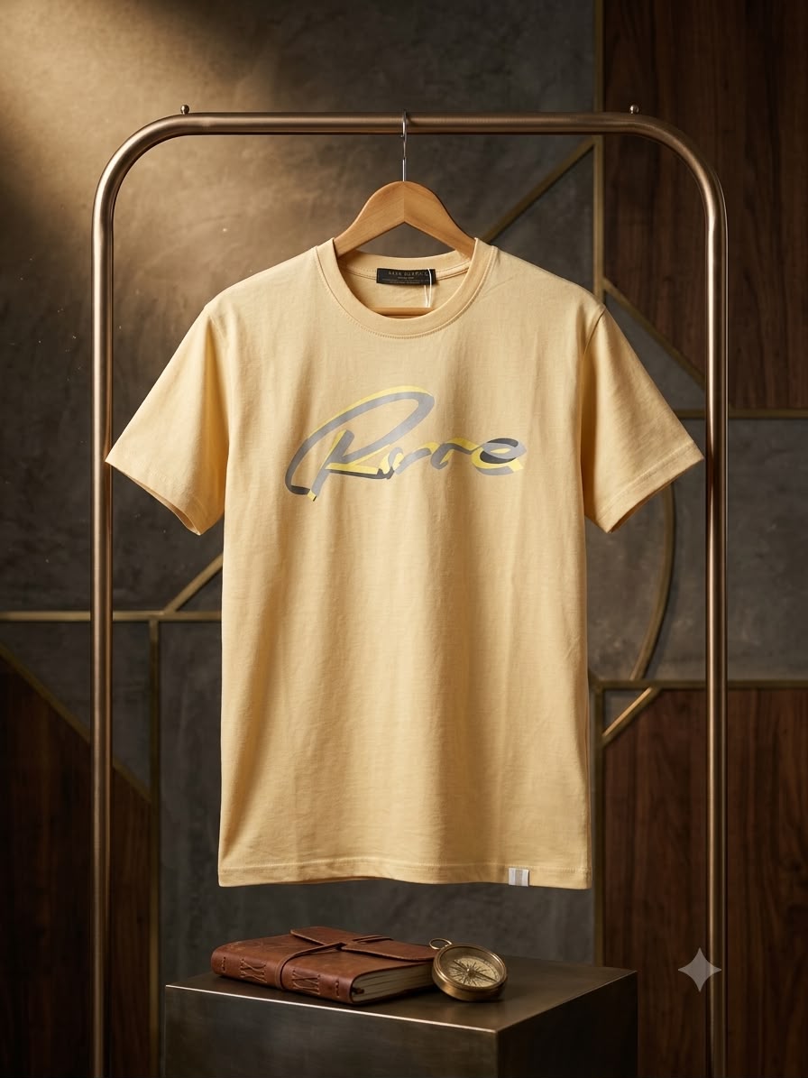 Rare Rabbit Men's Butter Yellow Script Logo T-Shirt - Original Product Shot