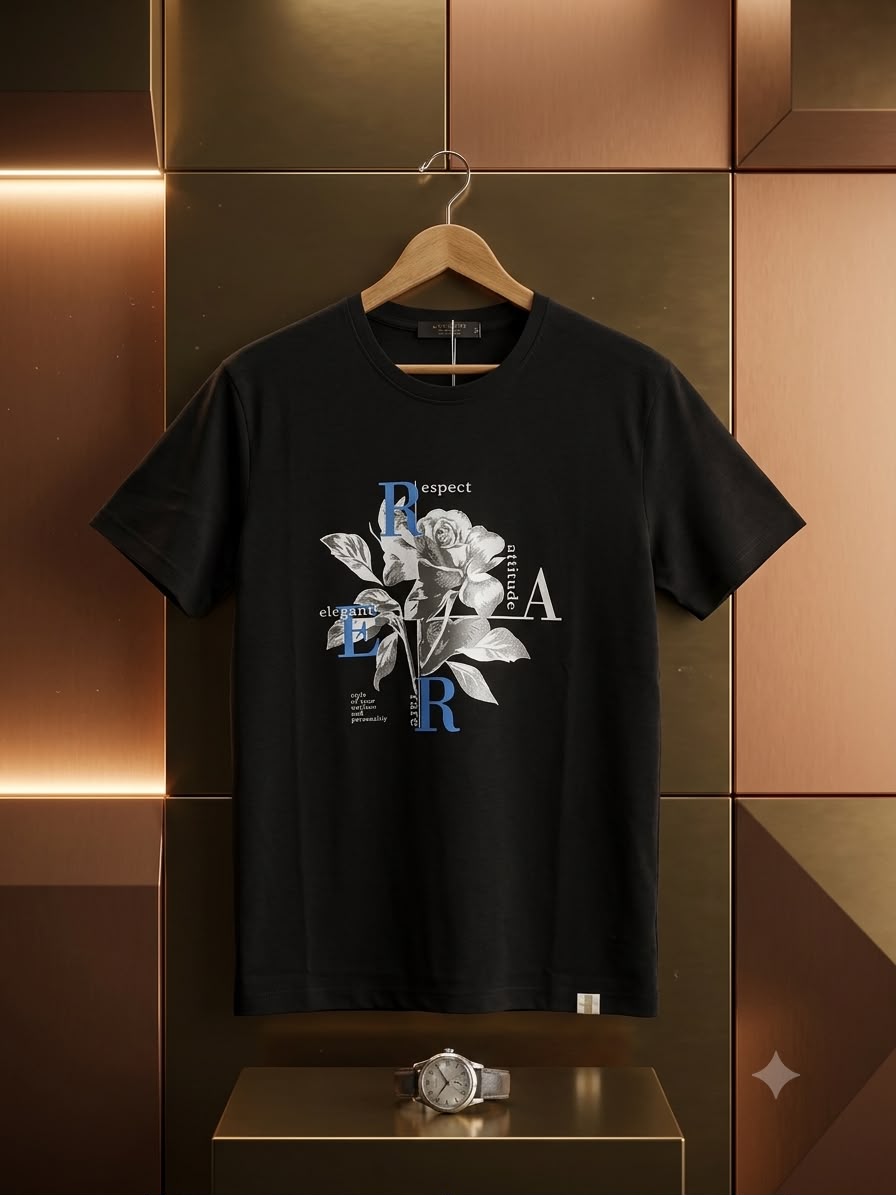Men's Black Rose HD Print T-Shirt - Original Product Shot