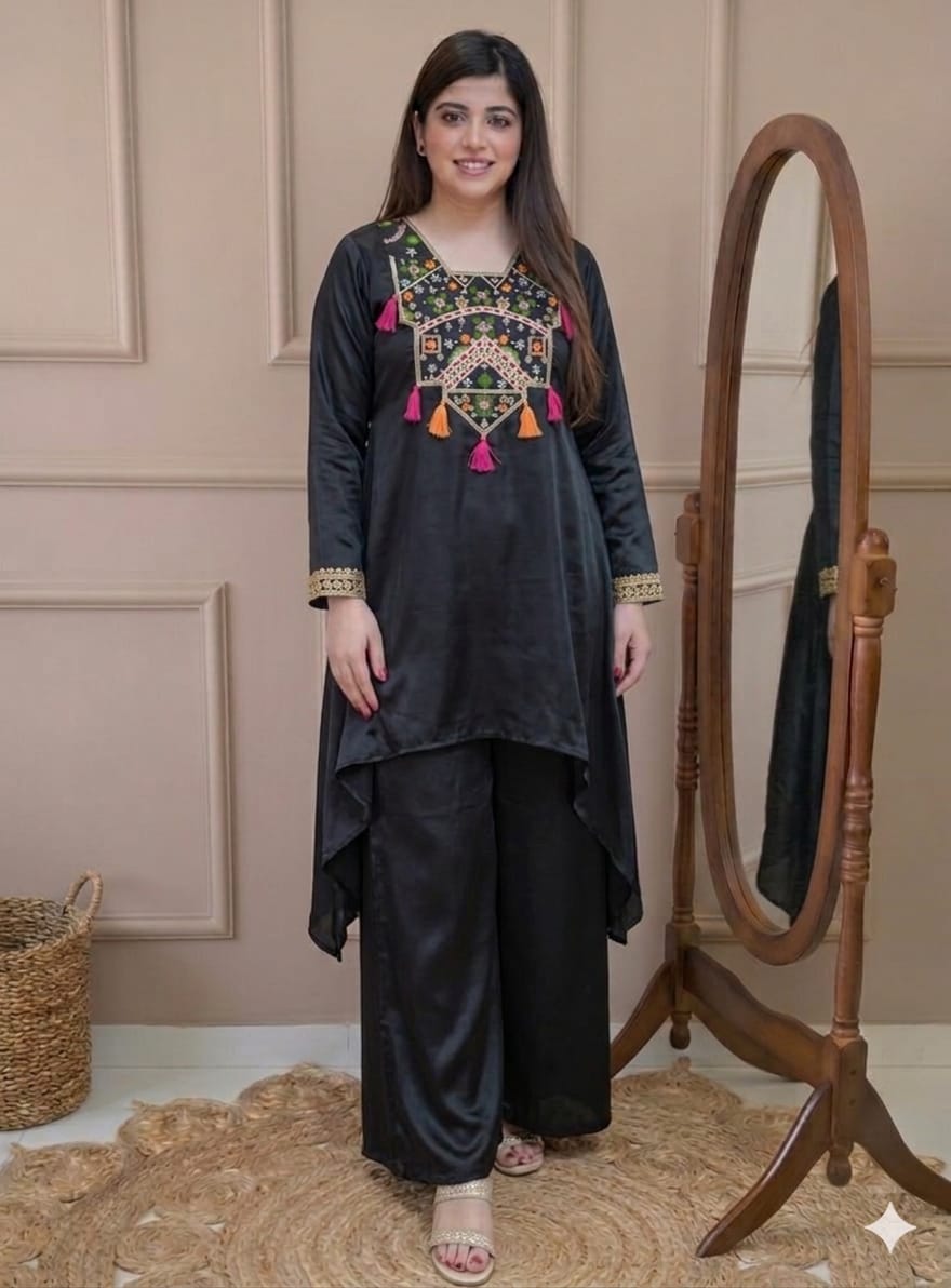 Black Peplum Plazo Pair - Model wearing full outfit