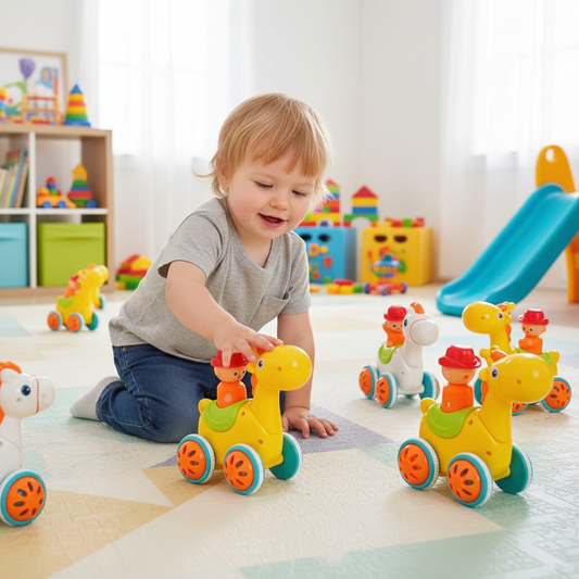 Toddler Playing with Fun Animal Press and Go Giraffe Toy - Lifestyle