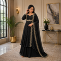 Women's Black Vichitra Silk Embroidered Cape, Skirt & Dupatta Set with Gold Threadwork – Premium Festive Ethnic Wear by Keshnova