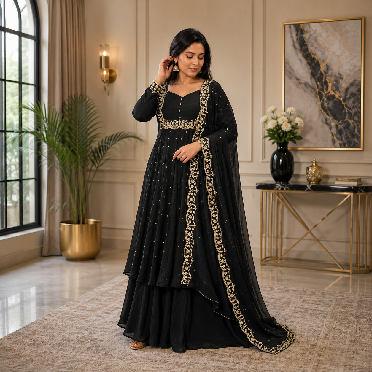 Women's Black Vichitra Silk Embroidered Cape, Skirt & Dupatta Set with Gold Threadwork – Premium Festive Ethnic Wear by Keshnova
