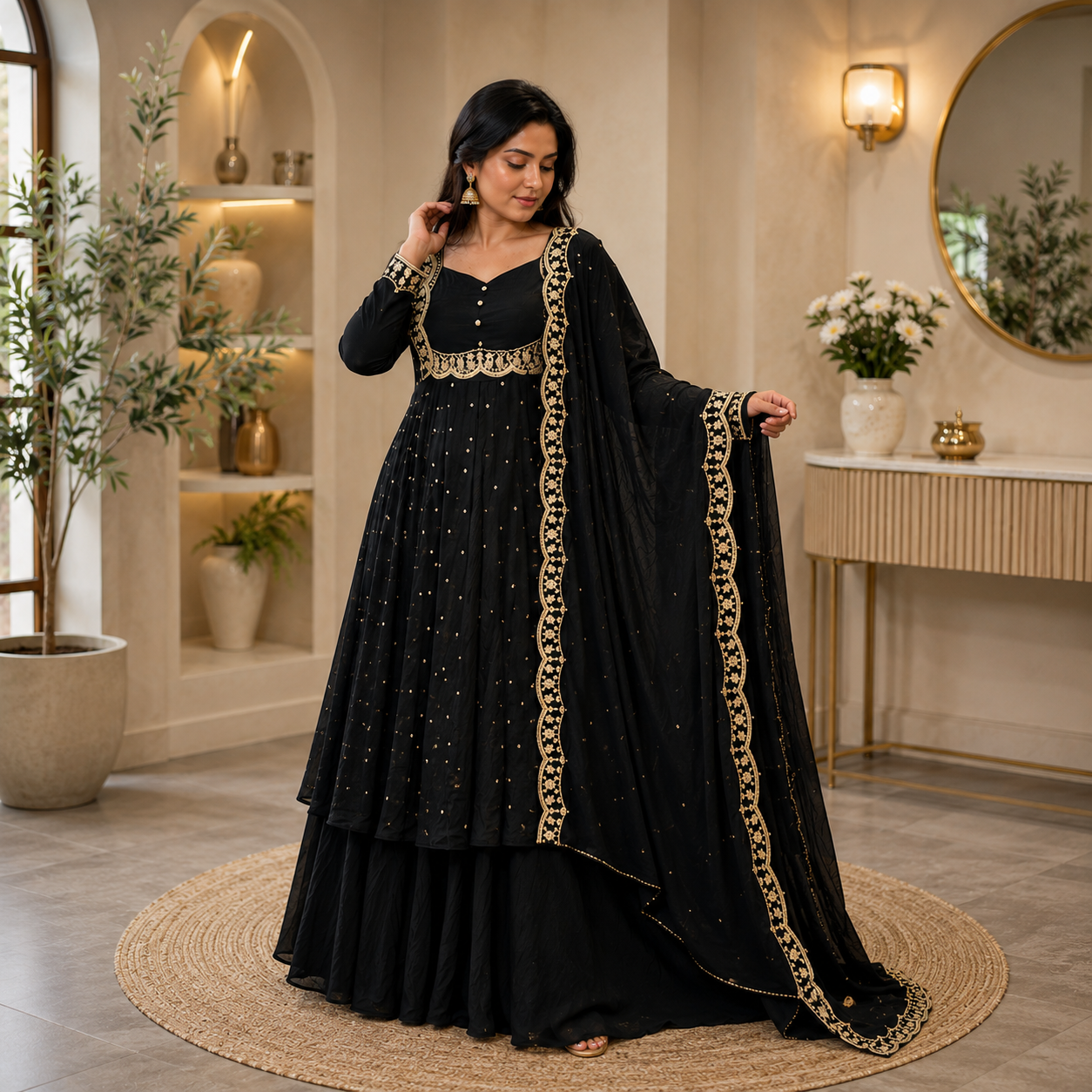 Women's Black Vichitra Silk Embroidered Cape, Skirt & Dupatta Set with Gold Threadwork – Premium Festive Ethnic Wear by Keshnova
