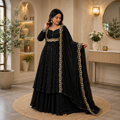 Women's Black Vichitra Silk Embroidered Cape, Skirt & Dupatta Set with Gold Threadwork – Premium Festive Ethnic Wear by Keshnova