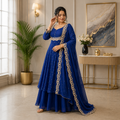 Women's Blue Vichitra Silk Embroidered Cape, Skirt & Dupatta Set with Gold Threadwork – Premium Festive Ethnic Wear by Keshnova