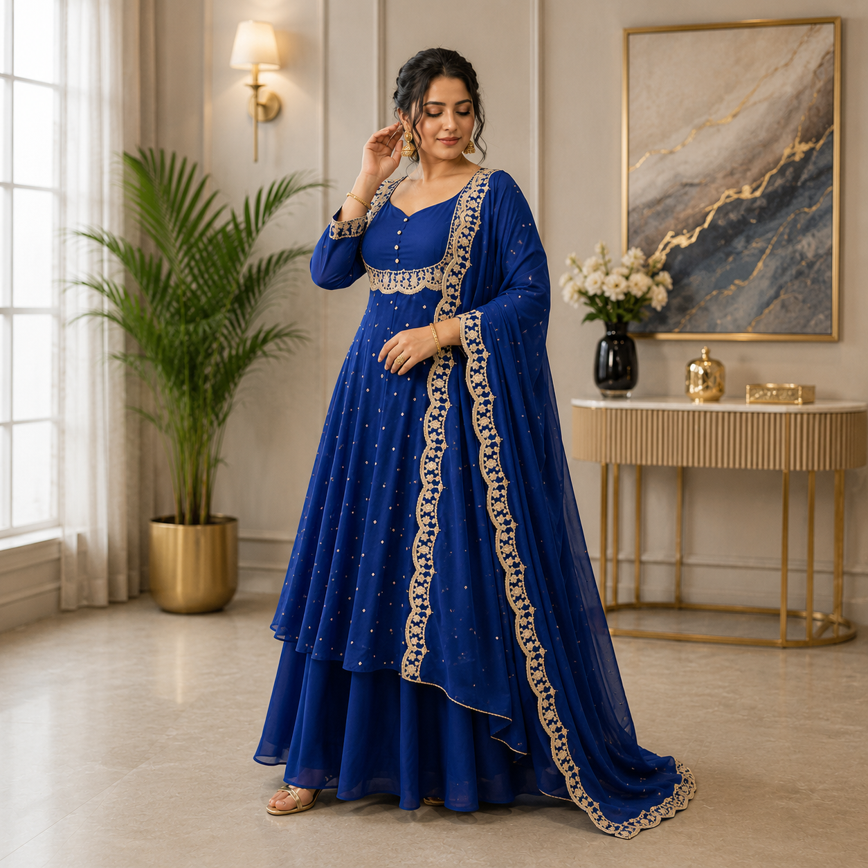 Women's Blue Vichitra Silk Embroidered Cape, Skirt & Dupatta Set with Gold Threadwork – Premium Festive Ethnic Wear by Keshnova