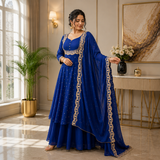 Women's Blue Vichitra Silk Embroidered Cape, Skirt & Dupatta Set with Gold Threadwork – Premium Festive Ethnic Wear by Keshnova