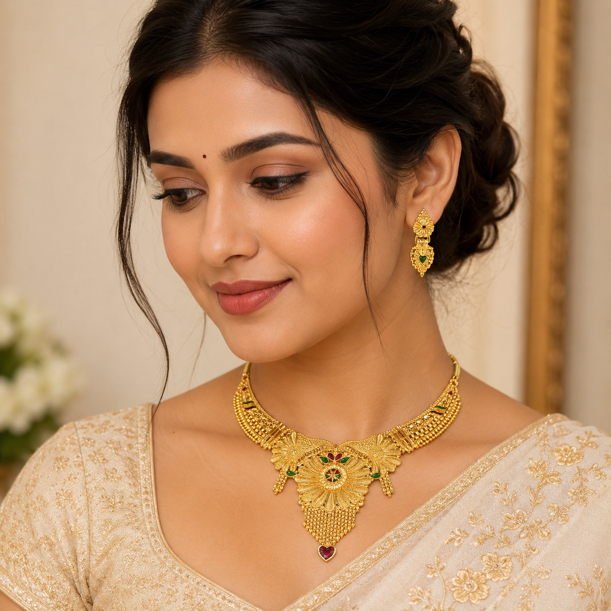 Keshnova Premium Gold Plated Designer Necklace Set with Earrings | Ethnic Bridal Jewelry for Women & Girls