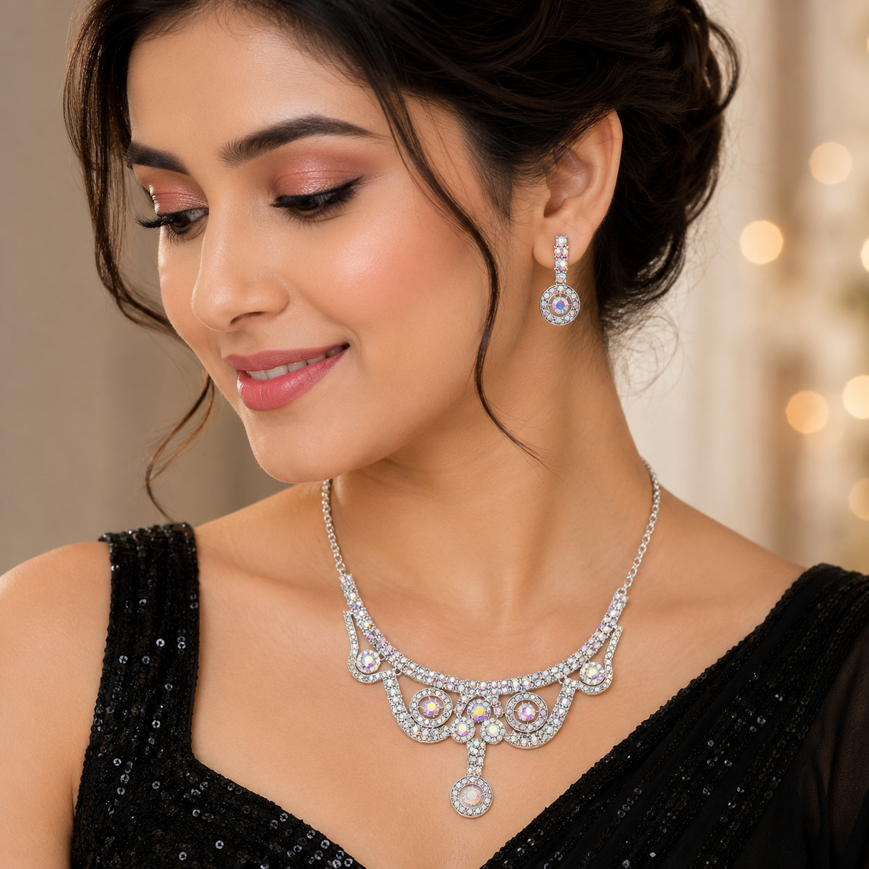 Keshnova Premium Crystal Stone Necklace Set with Earrings | Elegant Party Wear Jewelry for Women & Girls