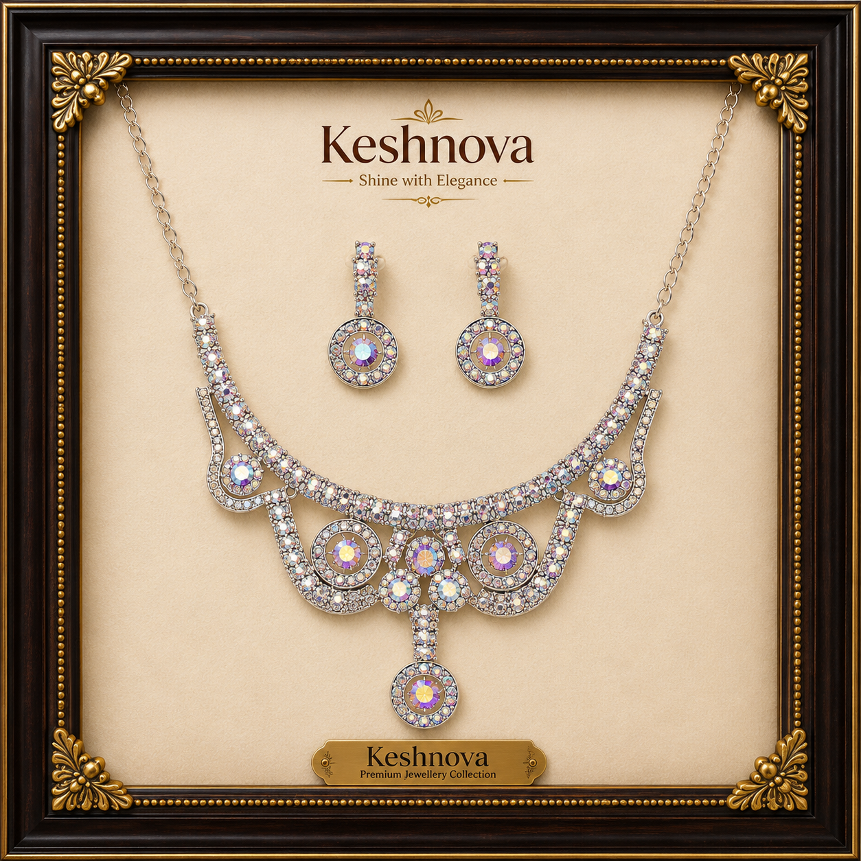 Keshnova Premium Crystal Stone Necklace Set with Earrings | Elegant Party Wear Jewelry for Women & Girls