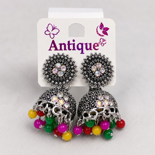 Antique Oxidized Silver Plated Multicolor Beads Jhumka Earrings for Women & Girls