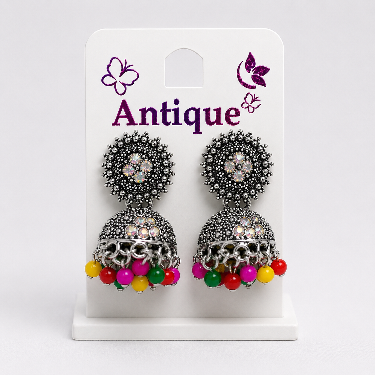 Antique Oxidized Silver Plated Multicolor Beads Jhumka Earrings for Women & Girls