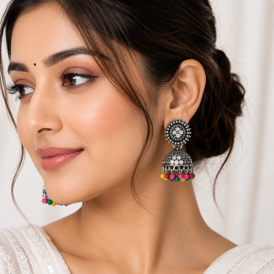 Antique Oxidized Silver Plated Multicolor Beads Jhumka Earrings for Women & Girls