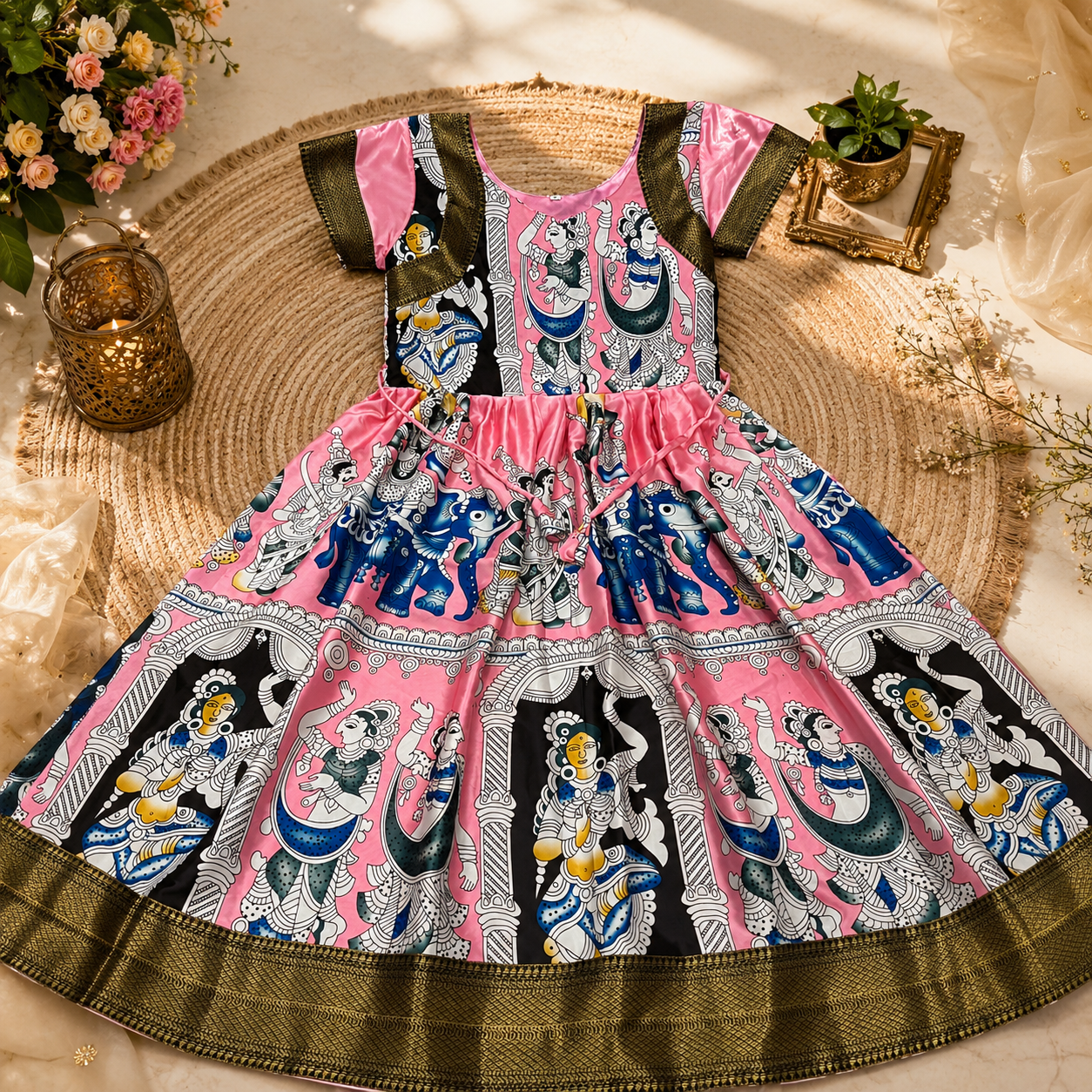 Keshnova Madhu Heavy Silk Floral Print Maxi Dress for Women with Designer Lace Border