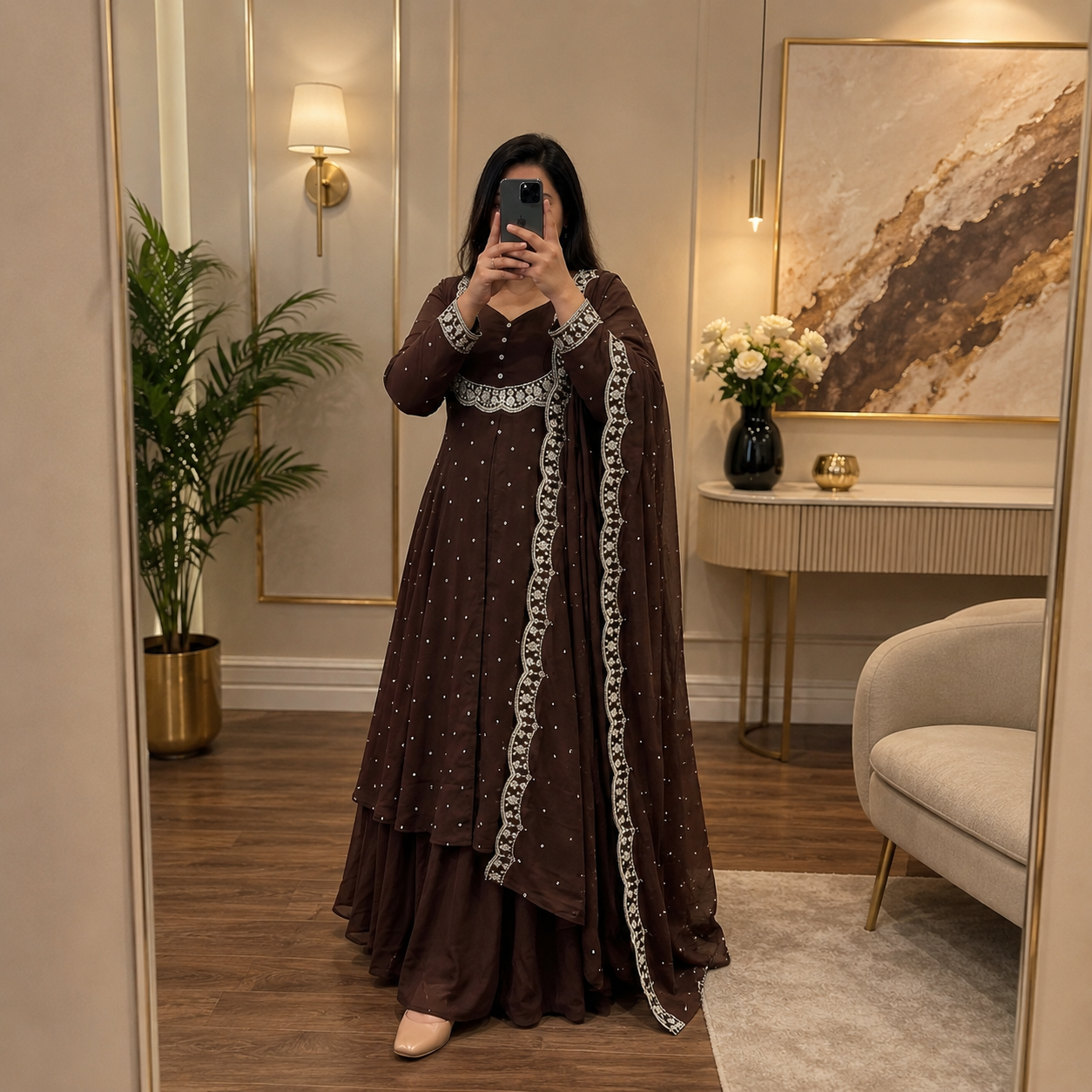 Women's Brown Vichitra Silk Embroidered Cape, Skirt & Dupatta Set with Gold Threadwork – Premium Festive Ethnic Wear by Keshnova