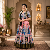Keshnova Madhu Heavy Silk Floral Print Maxi Dress for Women with Designer Lace Border