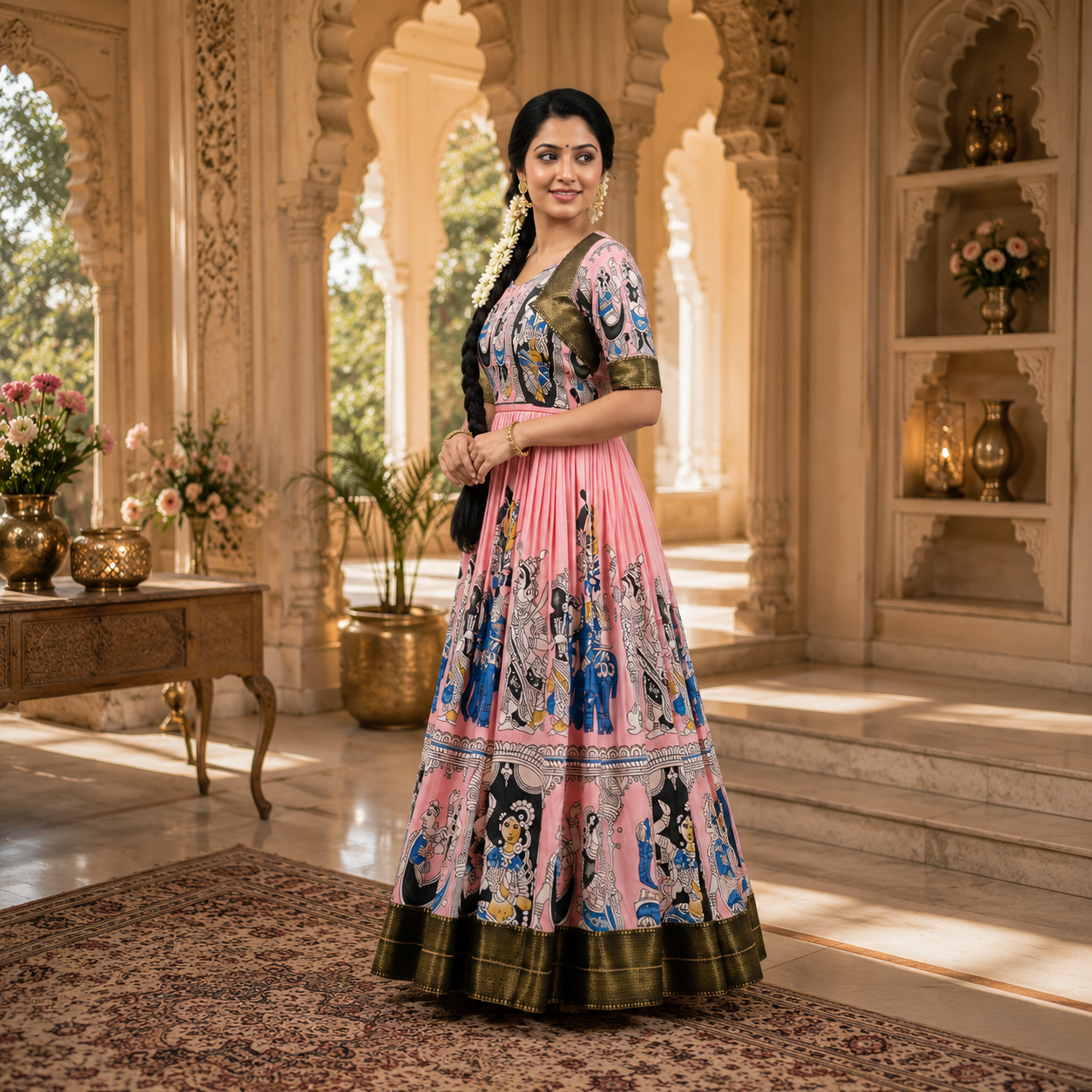 Keshnova Madhu Heavy Silk Floral Print Maxi Dress for Women with Designer Lace Border