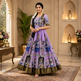 Keshnova Madhu Heavy Silk Floral Print Maxi Dress for Women with Designer Lace Border