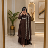 Women's Brown Vichitra Silk Embroidered Cape, Skirt & Dupatta Set with Gold Threadwork – Premium Festive Ethnic Wear by Keshnova