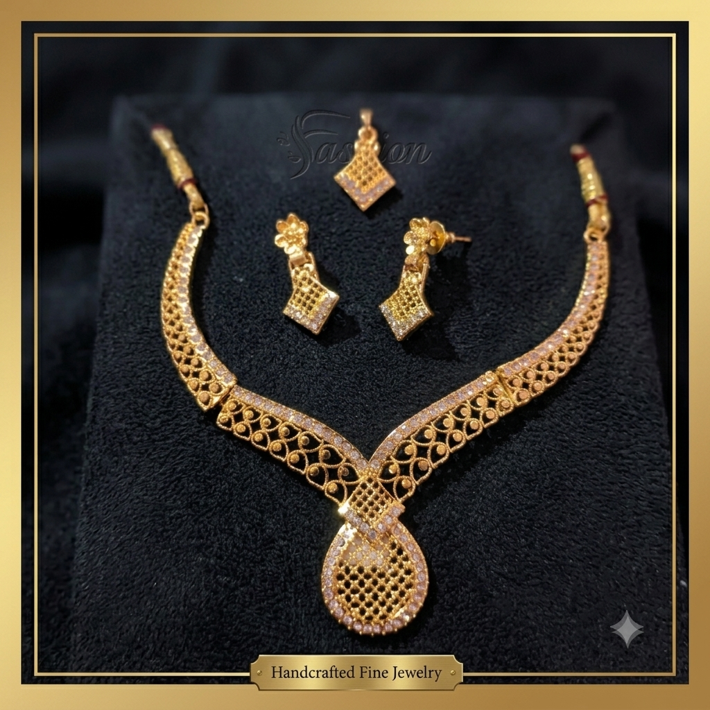Keshnova Gold Plated American Diamond Necklace Set with Matching Earrings & Pendant for Women