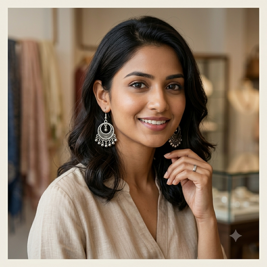 Keshnova Oxidized Silver Chandbali Drop Earrings for Women & Girls