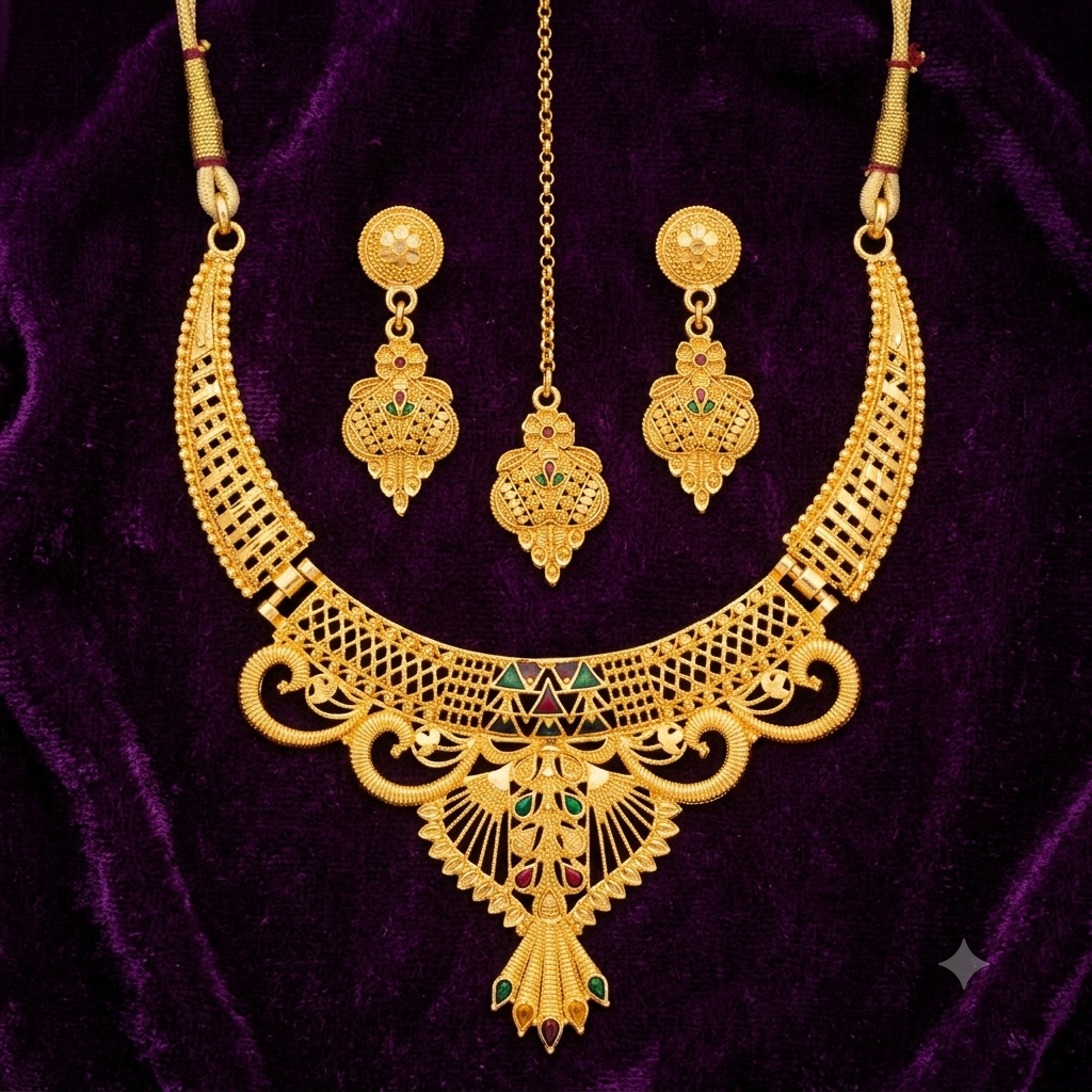 Keshnova Gold Plated Peacock Designer Necklace Set with Matching Earrings & Maang Tikka for Women
