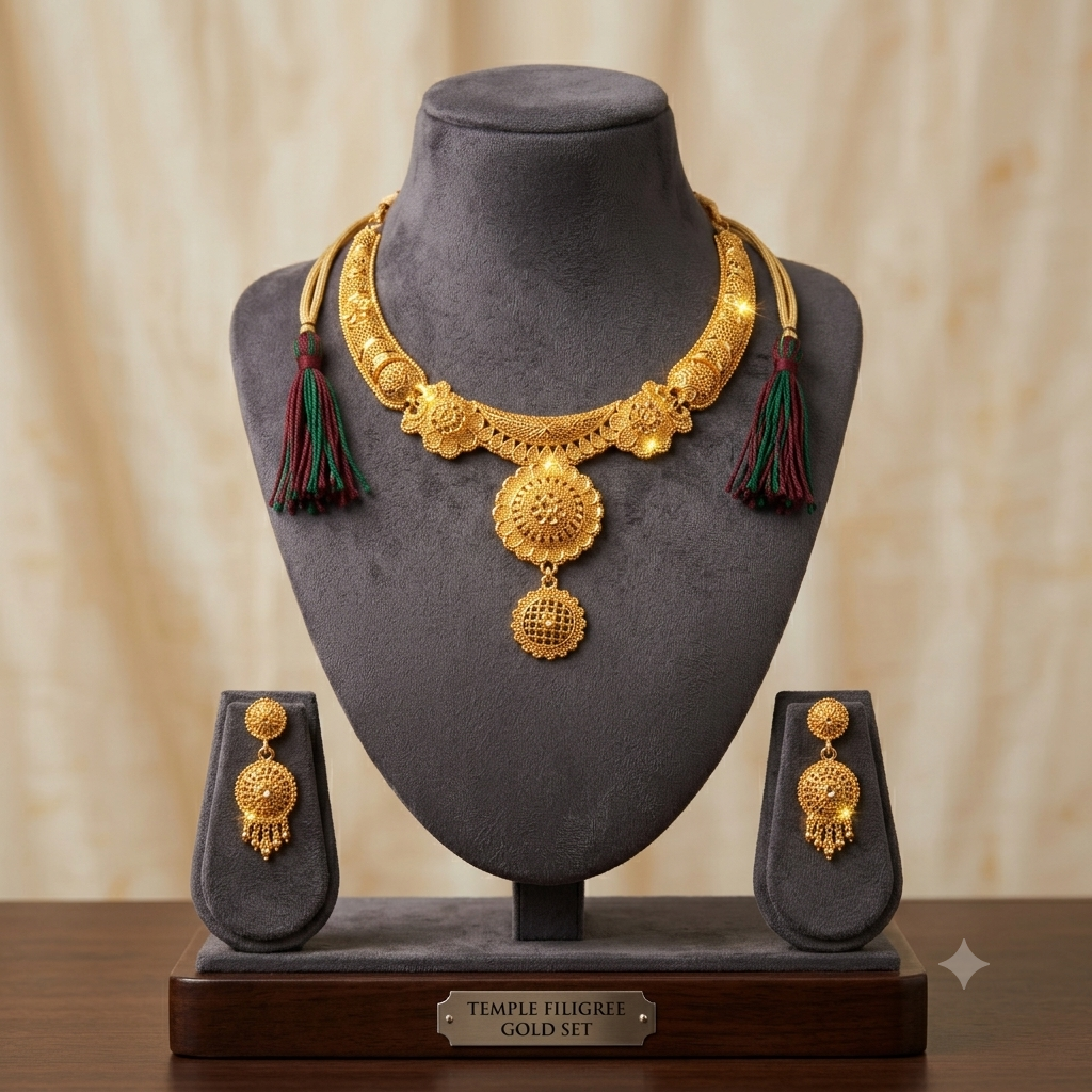 Keshnova Gold Plated Floral Temple Choker Necklace Set with Matching Earrings