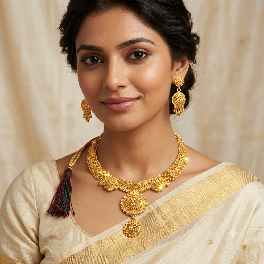 Keshnova Gold Plated Floral Temple Choker Necklace Set with Matching Earrings