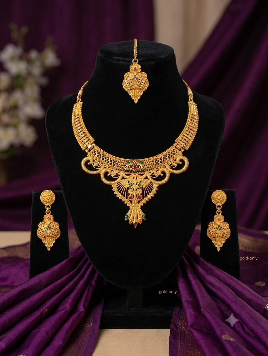 Keshnova Gold Plated Peacock Designer Necklace Set with Matching Earrings & Maang Tikka for Women