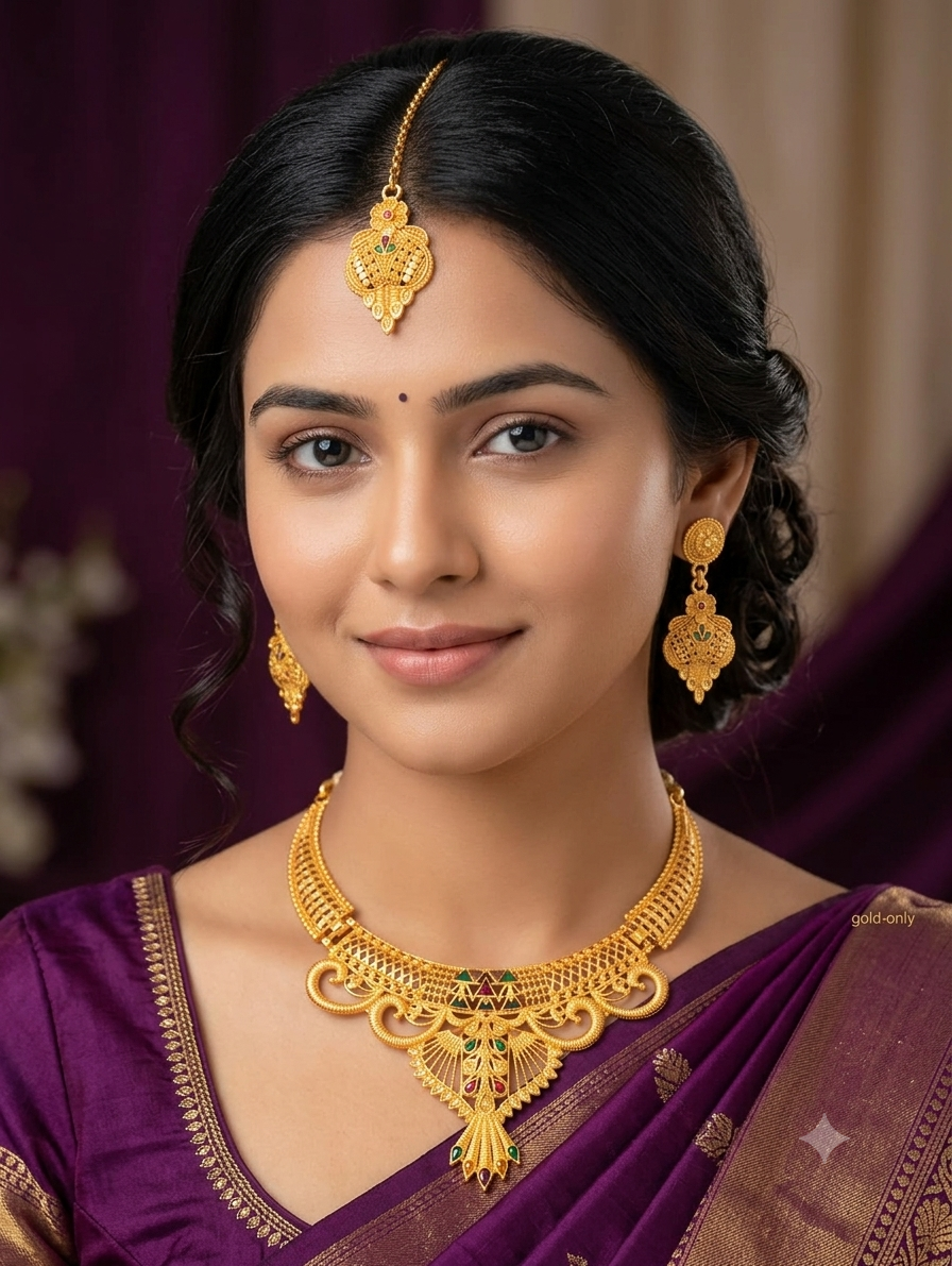 Keshnova Gold Plated Peacock Designer Necklace Set with Matching Earrings & Maang Tikka for Women