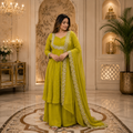 Women's Green Vichitra Silk Embroidered Cape, Skirt & Dupatta Set with Gold Threadwork – Premium Festive Ethnic Wear by Keshnova