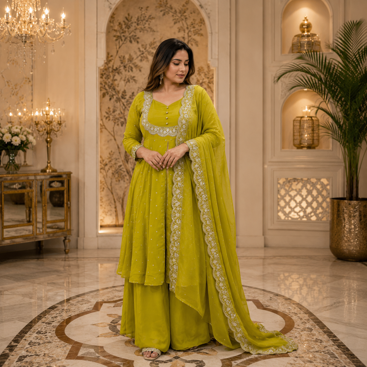 Women's Green Vichitra Silk Embroidered Cape, Skirt & Dupatta Set with Gold Threadwork – Premium Festive Ethnic Wear by Keshnova