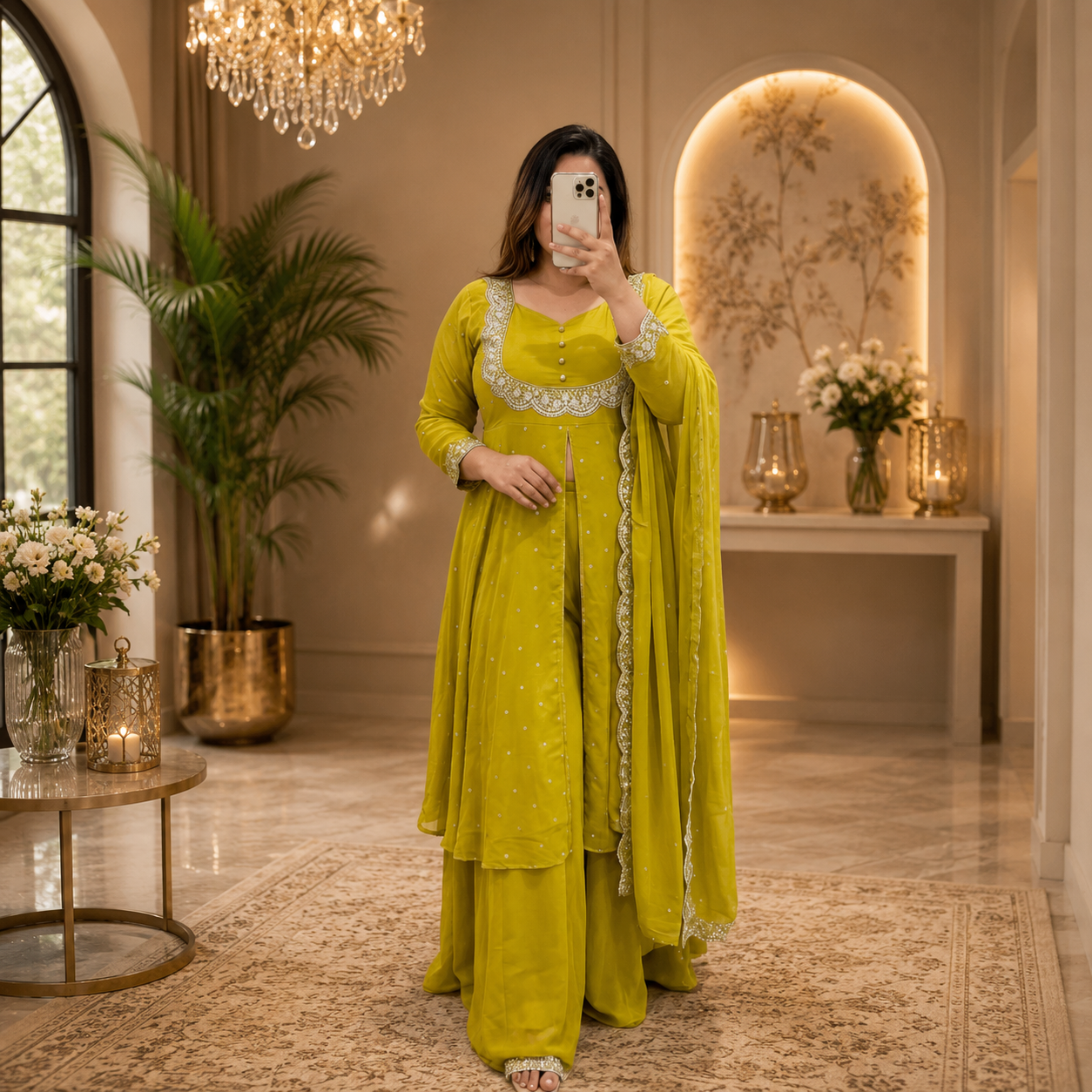 Women's Green Vichitra Silk Embroidered Cape, Skirt & Dupatta Set with Gold Threadwork – Premium Festive Ethnic Wear by Keshnova