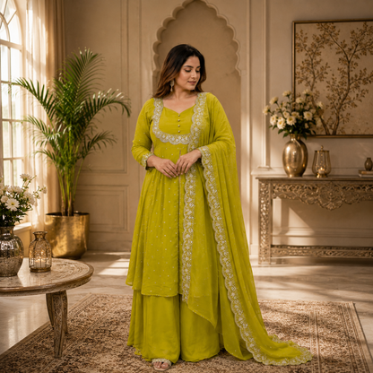 Women's Green Vichitra Silk Embroidered Cape, Skirt & Dupatta Set with Gold Threadwork – Premium Festive Ethnic Wear by Keshnova