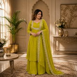 Women's Green Vichitra Silk Embroidered Cape, Skirt & Dupatta Set with Gold Threadwork – Premium Festive Ethnic Wear by Keshnova