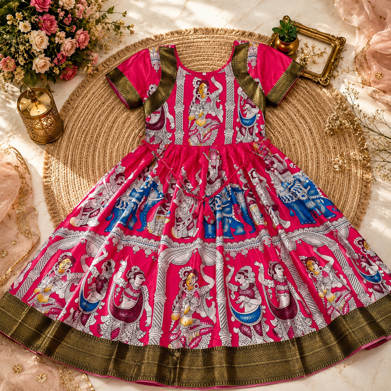 Keshnova Madhu Heavy Silk Floral Print Maxi Dress for Women with Designer Lace Border