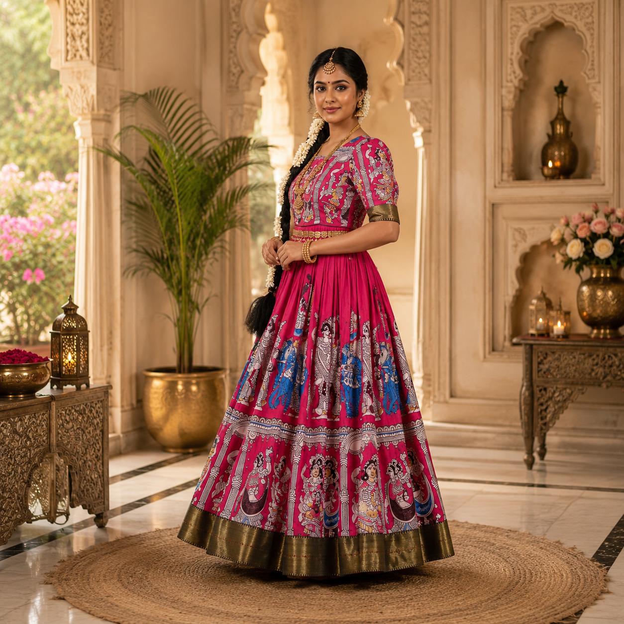 Keshnova Madhu Heavy Silk Floral Print Maxi Dress for Women with Designer Lace Border