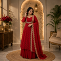Women's Red Vichitra Silk Embroidered Cape, Skirt & Dupatta Set with Gold Threadwork – Premium Festive Ethnic Wear by Keshnova