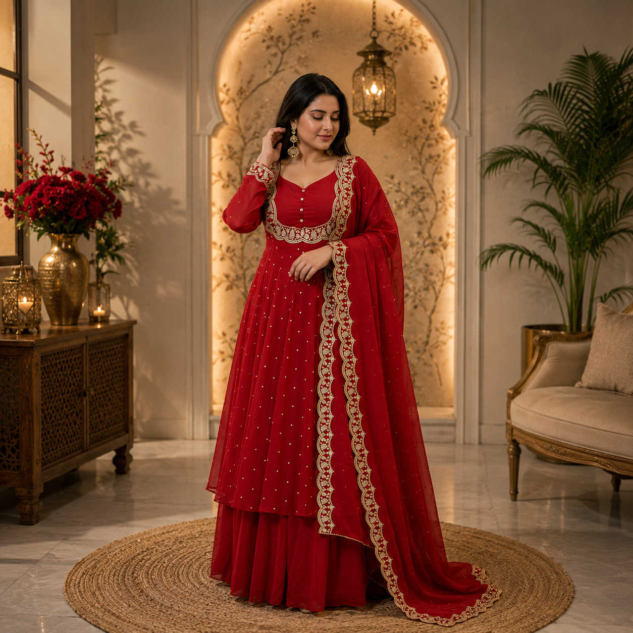 Women's Red Vichitra Silk Embroidered Cape, Skirt & Dupatta Set with Gold Threadwork – Premium Festive Ethnic Wear by Keshnova