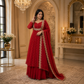 Women's Red Vichitra Silk Embroidered Cape, Skirt & Dupatta Set with Gold Threadwork – Premium Festive Ethnic Wear by Keshnova
