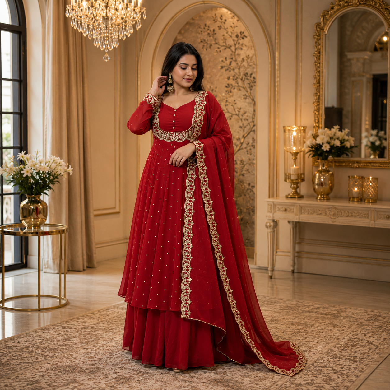 Women's Red Vichitra Silk Embroidered Cape, Skirt & Dupatta Set with Gold Threadwork – Premium Festive Ethnic Wear by Keshnova