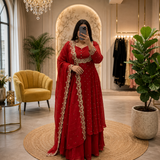 Women's Red Vichitra Silk Embroidered Cape, Skirt & Dupatta Set with Gold Threadwork – Premium Festive Ethnic Wear by Keshnova