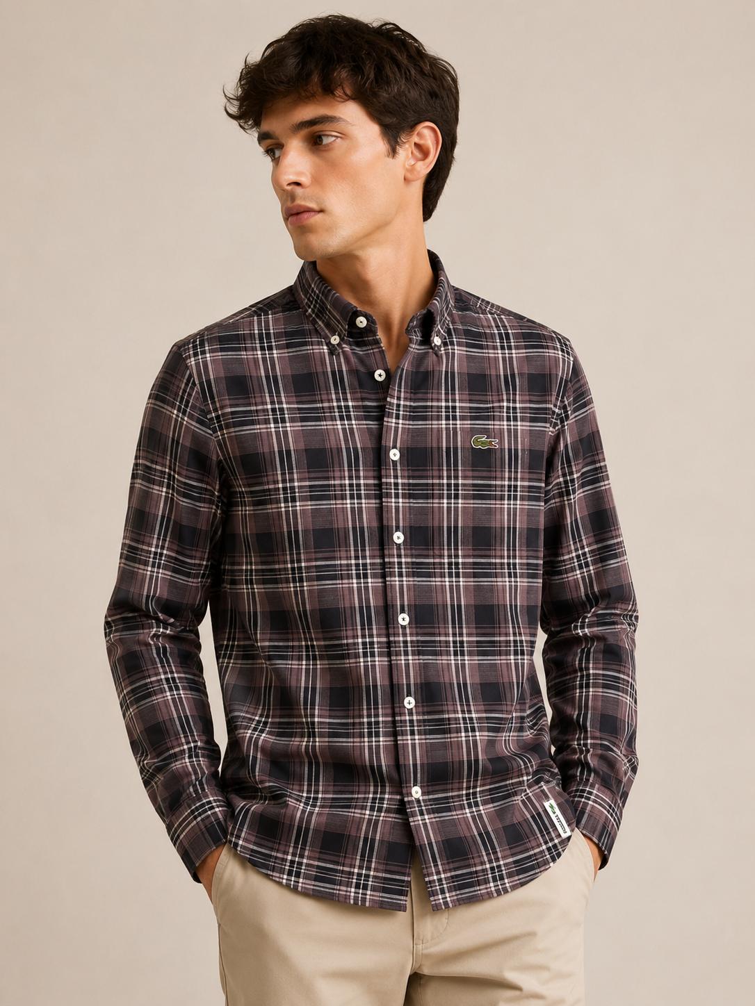 Lacoste Men's Charcoal Dark Plaid Shirt - Original