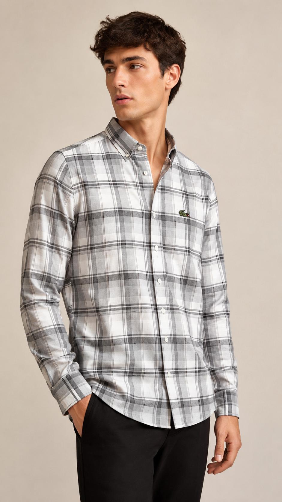 Lacoste Men's Light Grey Plaid Shirt - Original