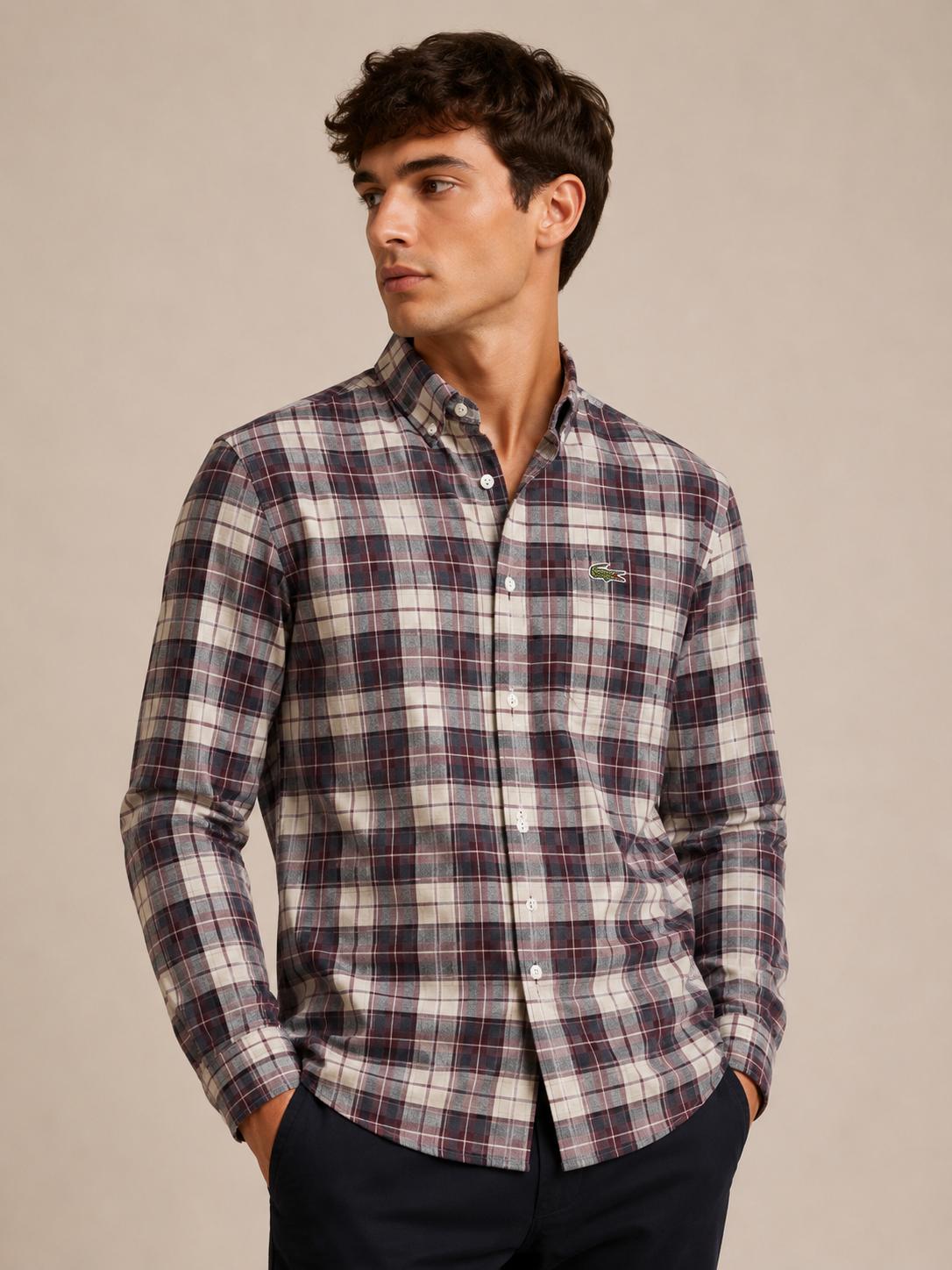 Lacoste Men's Grey Burgundy Plaid Shirt - Original