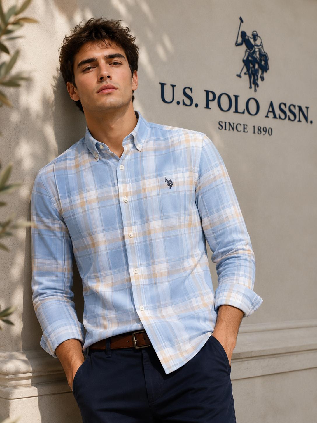 US Polo Assn Men's Sky Blue Plaid Shirt - Original