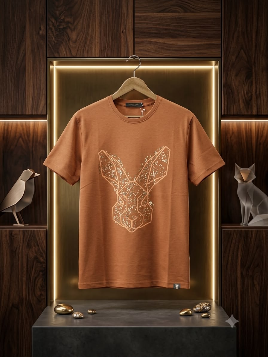 Rare Rabbit Men's Terracotta Geometric Rabbit HD Print T-Shirt - Original Product Shot