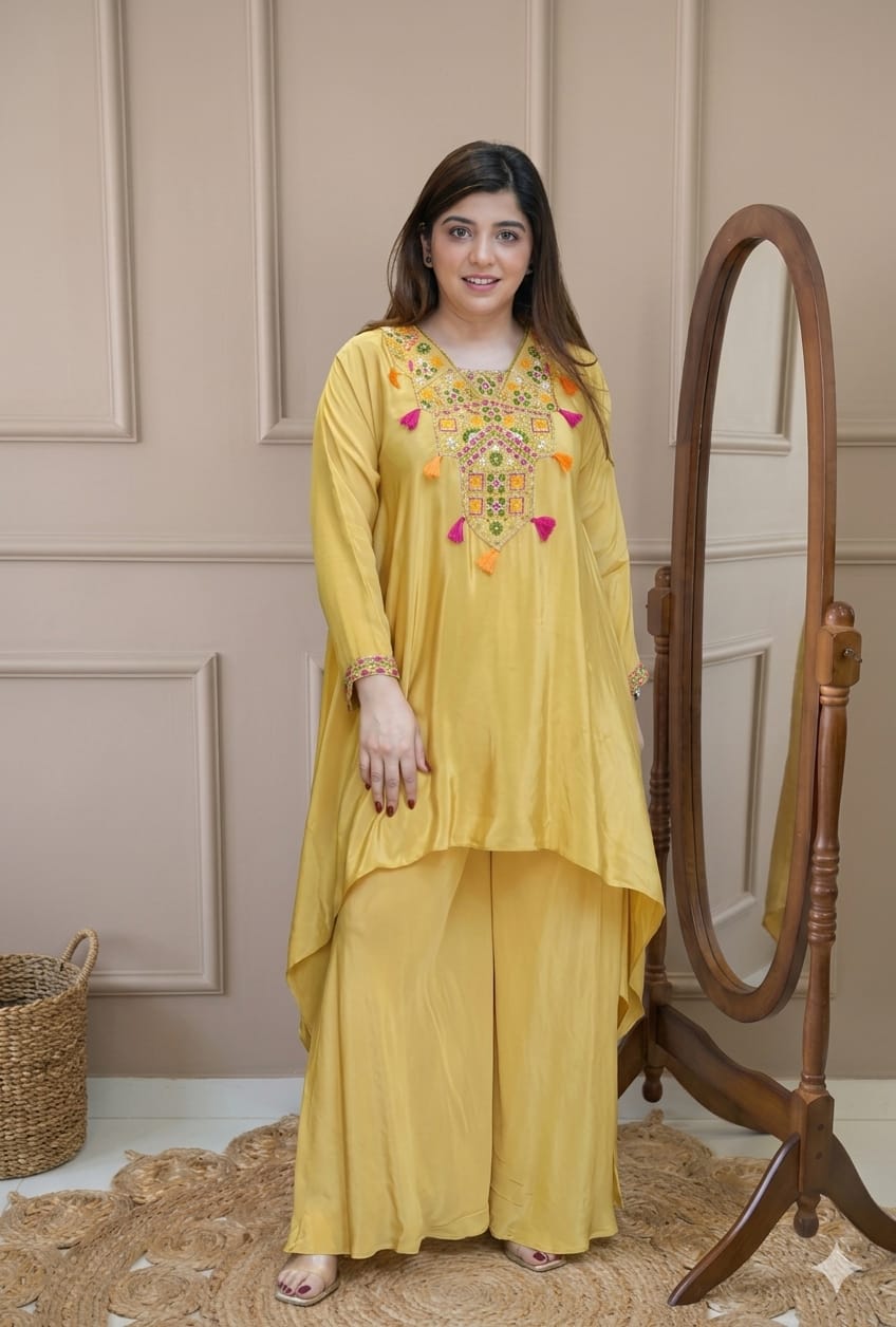 Yellow Peplum Plazo Pair - Model wearing full outfit